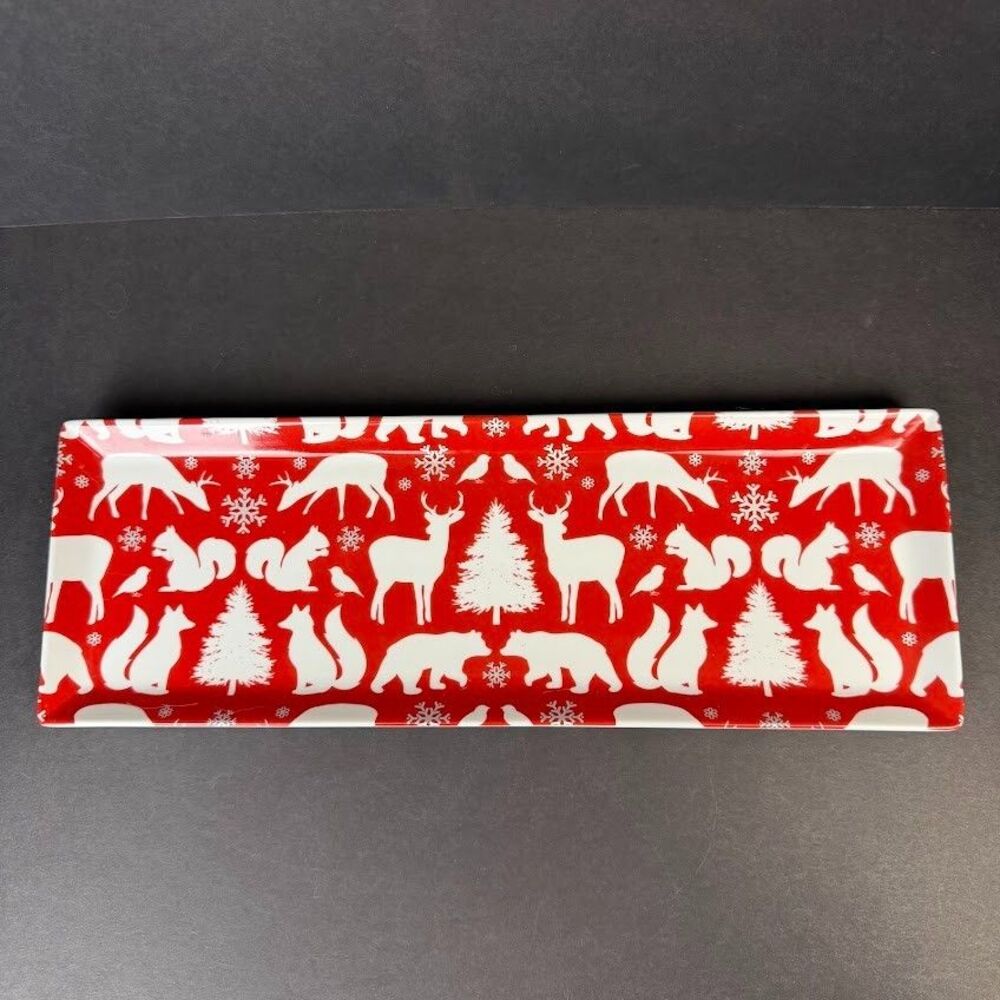 Food Network Red Winter Woodland Animals 15x5.5" Porcelain Serving Platter, NWT